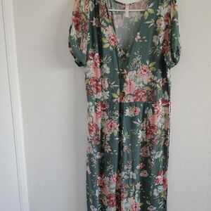 Xhilaration Floral V-Neck Jumpsuit - Green and Pink